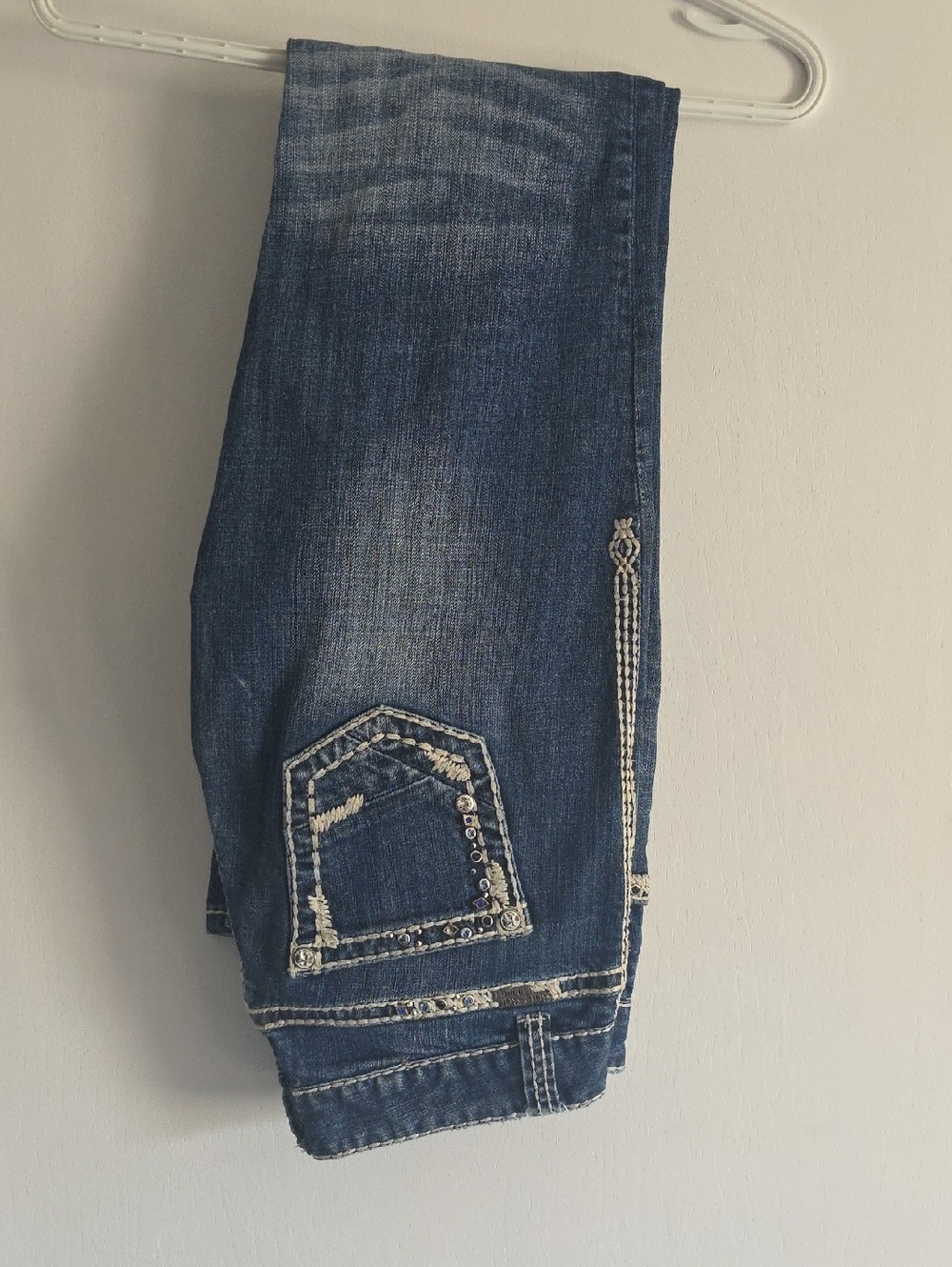 Woman's Rock And Roll Cowgirl Blue Denim Jeans with Distressed Pocket Stitching